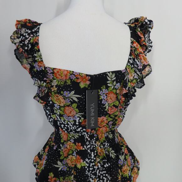 Yumi Kim Midnight Magic Black Floral Tiered Mini Eden Dress Flutter Sleeves XS - Picture 5 of 9